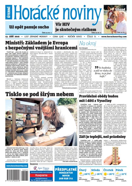 Horácké Noviny Úterý 13.9.2016 č. 71